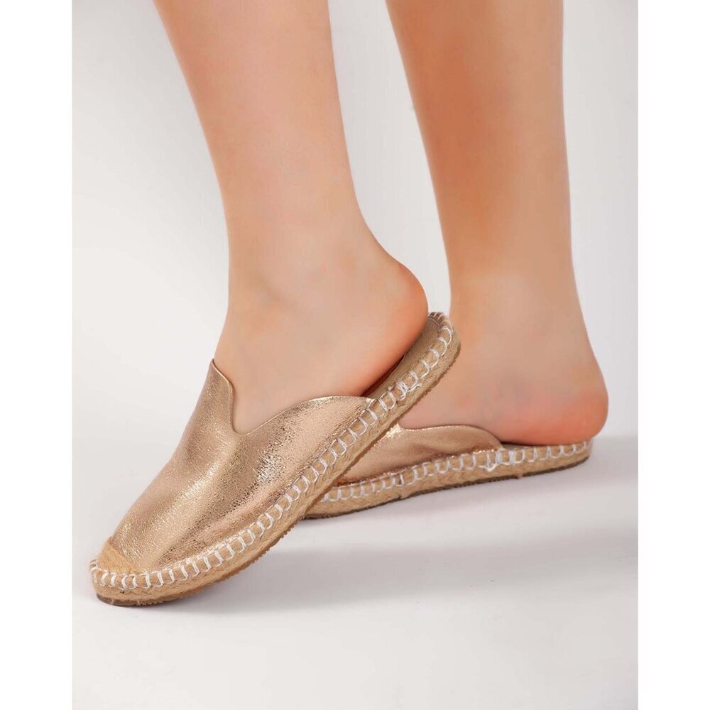 SERRA Women's Metallic Champagne Leather Espadrille Slip-On Mules Size 9